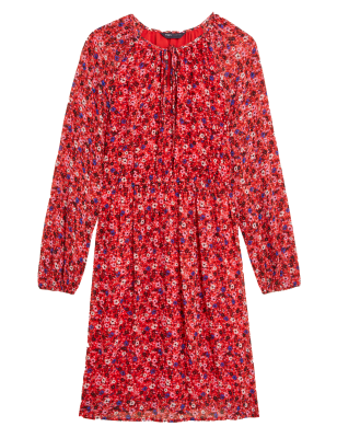 

Womens M&S Collection Printed Tie Neck Mini Tiered Dress - Red Mix, Red Mix