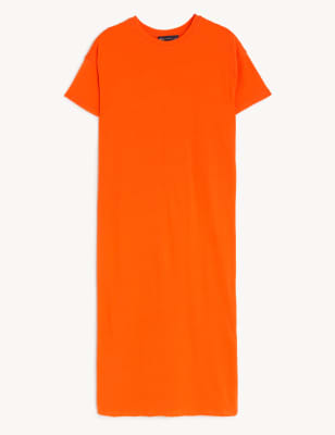 

Womens M&S Collection Pure Cotton Round Neck Midi T-Shirt Dress - Orange, Orange