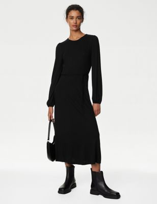 

Womens M&S Collection Jersey Round Neck Tie Waist Midi Tea Dress - Black, Black