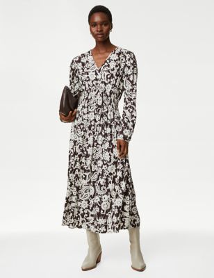 Printed V-Neck Shirred Midi Tea Dress