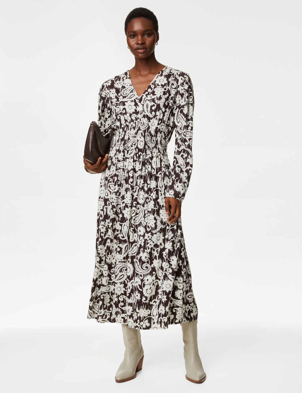 Printed V-Neck Shirred Midi Tea Dress image 1