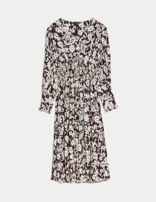Printed V-Neck Shirred Midi Tea Dress