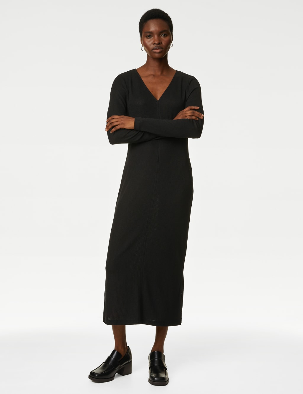 Ribbed V-Neck Midi Column Dress image 1