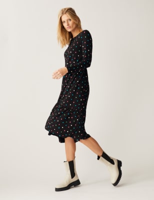 

M&S Collection Vestido a media pierna de punto de topos con cuello redondoWomens - Black Mix, Black Mix