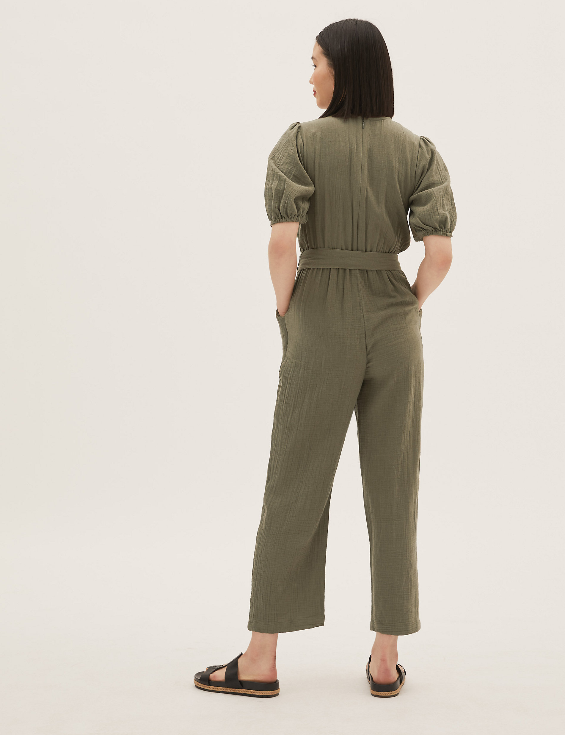 Pure Cotton Belted Short Sleeve Jumpsuit