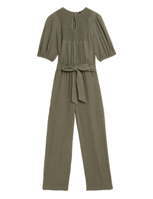 

Womens M&S Collection Jumpsuit aus reiner Baumwolle mit kurzen Ärmeln und Gürtel - Dark Khaki, Dark Khaki