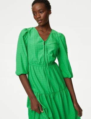 M&S Women's Textured Tie Neck Tiered Midi Dress - 10REG - Acid Green, Acid Green