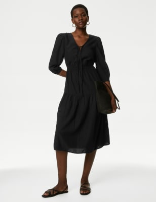 Textured Tie Neck Tiered Midi Dress - NZ