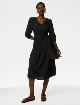 M&S Womens Textured Tie Neck Tiered Midi Dress - 8LNG - Black, Black,Acid Green