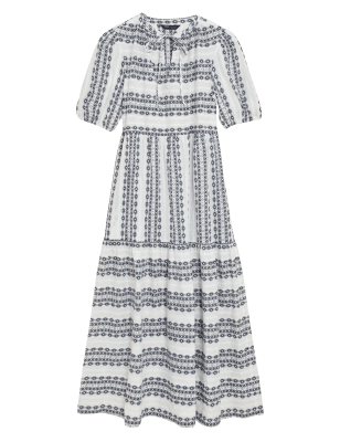 

Womens M&S Collection Midaxikleid aus reiner Baumwolle mit Bindekragen und Strukturmuster - Ivory Mix, Ivory Mix