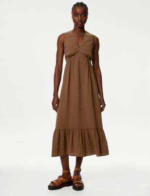

M&S Collection Vestido maxi a media pierna a la cintura de escote en pico con detalle de lazoWomens - Brown, Brown