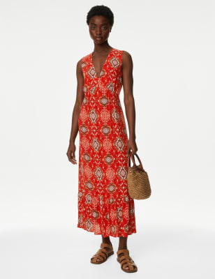 

Womens M&S Collection Printed V-Neck Midaxi Waisted Dress - Red Mix, Red Mix