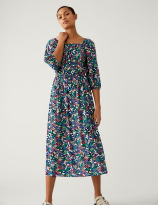 Printed Square Neck Midi Tea Dress