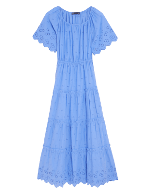 

Womens M&S Collection Pure Cotton Broderie Midaxi Waisted Dress - Fresh Blue, Fresh Blue