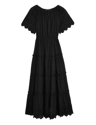 

Womens M&S Collection Pure Cotton Broderie Midaxi Waisted Dress - Black, Black