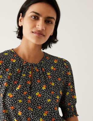 

Womens M&S Collection Printed Round Neck Midaxi Waisted Dress - Orange Mix, Orange Mix