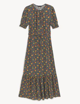Printed Round Neck Midaxi Waisted Dress