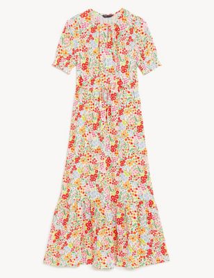 Printed Round Neck Midaxi Waisted Dress