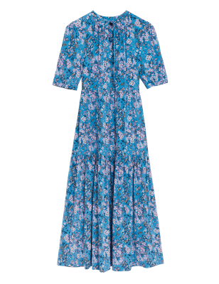 

Womens M&S Collection Floral Tie Neck Midaxi Tiered Dress - Blue Mix, Blue Mix