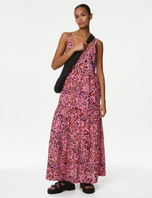 Cotton Blend Printed Maxi Tiered Dress