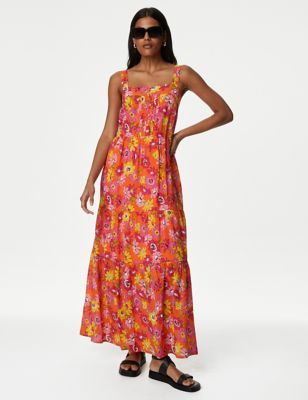 

Womens M&S Collection Cotton Blend Printed Maxi Tiered Dress - Orange Mix, Orange Mix
