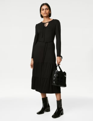 Jersey Tie Neck Belted Midaxi Tiered Dress - HU