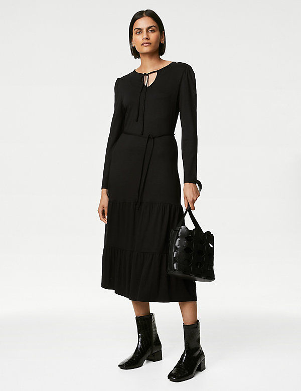 Jersey Tie Neck Belted Midaxi Tiered Dress - IL