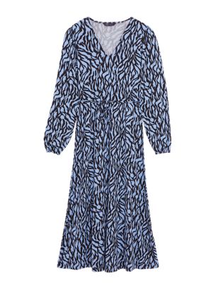 M&S Womens Jersey Printed V-Neck Midi Waisted Dress