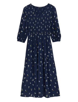 

M&S Collection Vestido en capas floral a media pierna con fruncido de escote en picoWomens - Navy Mix, Navy Mix