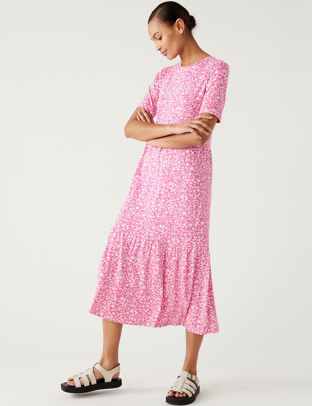Jersey Printed Round Neck Midi Tiered Dress image 2