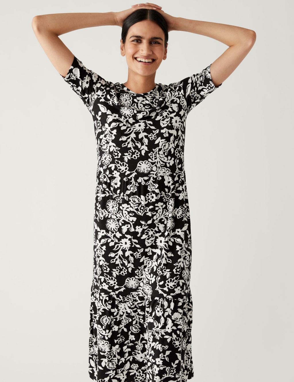 Jersey Printed Round Neck Midi Tiered Dress image 1