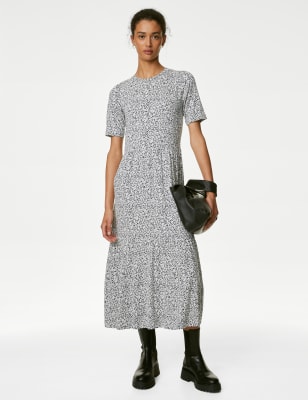 

Womens M&S Collection Jersey Printed Round Neck Midi Tiered Dress - Ivory Mix, Ivory Mix