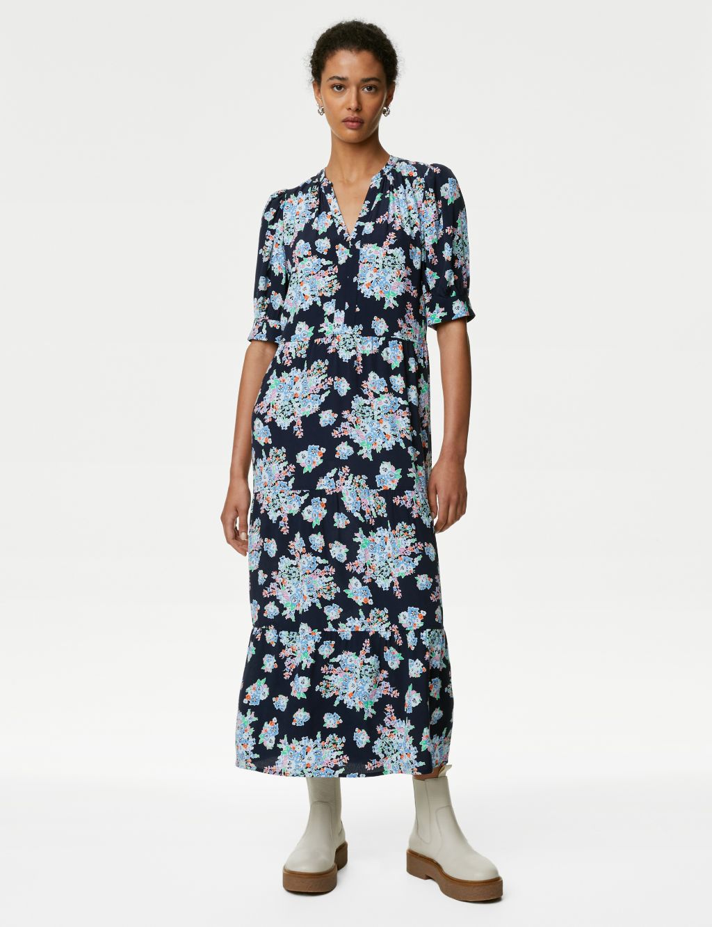 Printed V-Neck Midi Relaxed Tiered Dress image 3