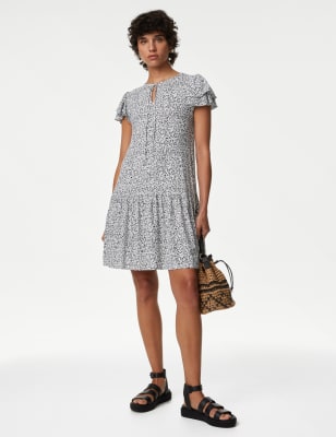 Jersey Printed Tie Neck Mini Smock Dress | M&S SG