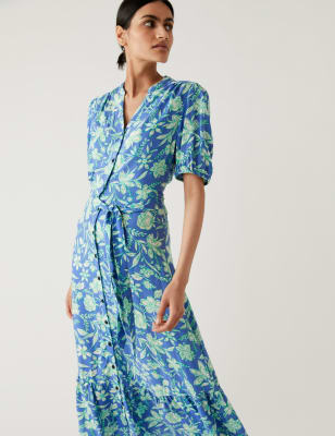 

M&S Collection Vestido camisero a media pierna estampado con cuello redondo y cinturónWomens - Blue Mix, Blue Mix