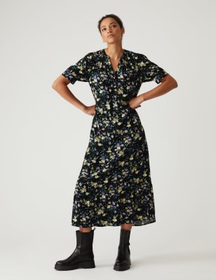 

M&S Collection Vestido cruzado floral a media pierna en capas de escote en picoWomens - Black Mix, Black Mix