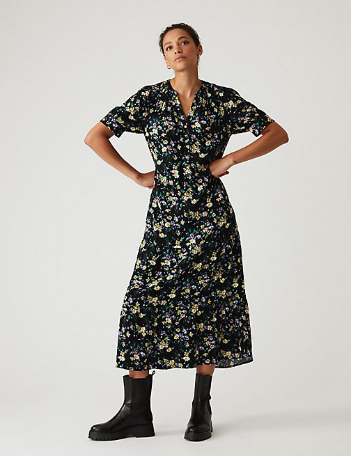 Marks And Spencer Womens M&S Collection Floral V-Neck Midi Tiered Dress - Black Mix, Black Mix