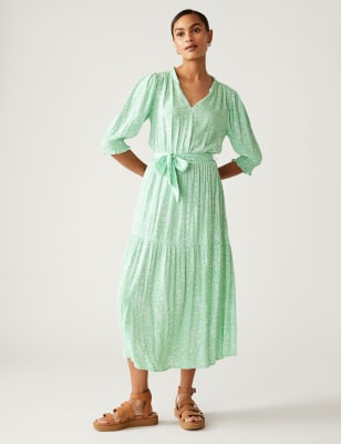 

M&S Collection Vestido a media pierna a la cintura de escote en pico estampadoWomens - Green Mix, Green Mix