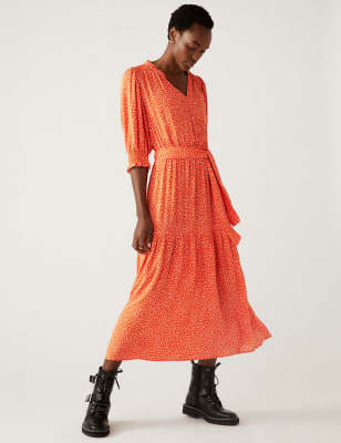 

Womens M&S Collection Printed V-Neck Midi Waisted Dress - Orange Mix, Orange Mix