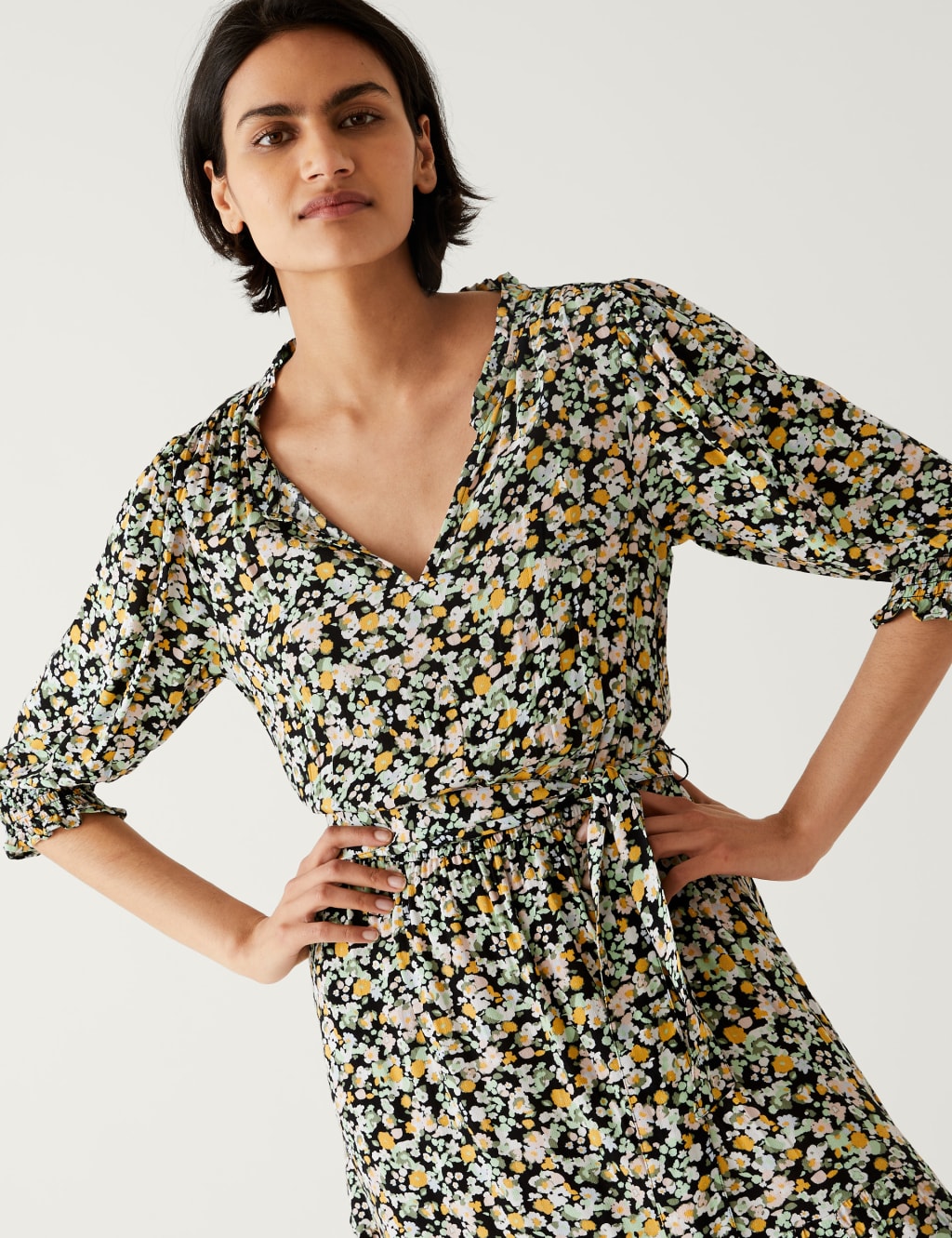 Printed V-Neck Midi Waisted Dress image 3