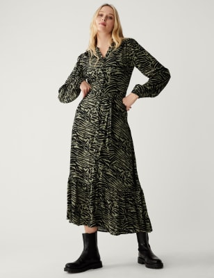 

Womens M&S Collection Printed V-Neck Tie Waist Midi Shirt Dress - Khaki Mix, Khaki Mix