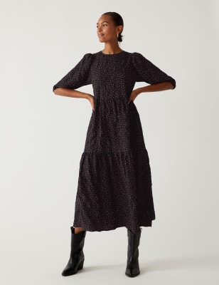 

Womens M&S Collection Gemustertes Midi-Stufenkleid mit Rundhalsausschnitt - Black Mix, Black Mix