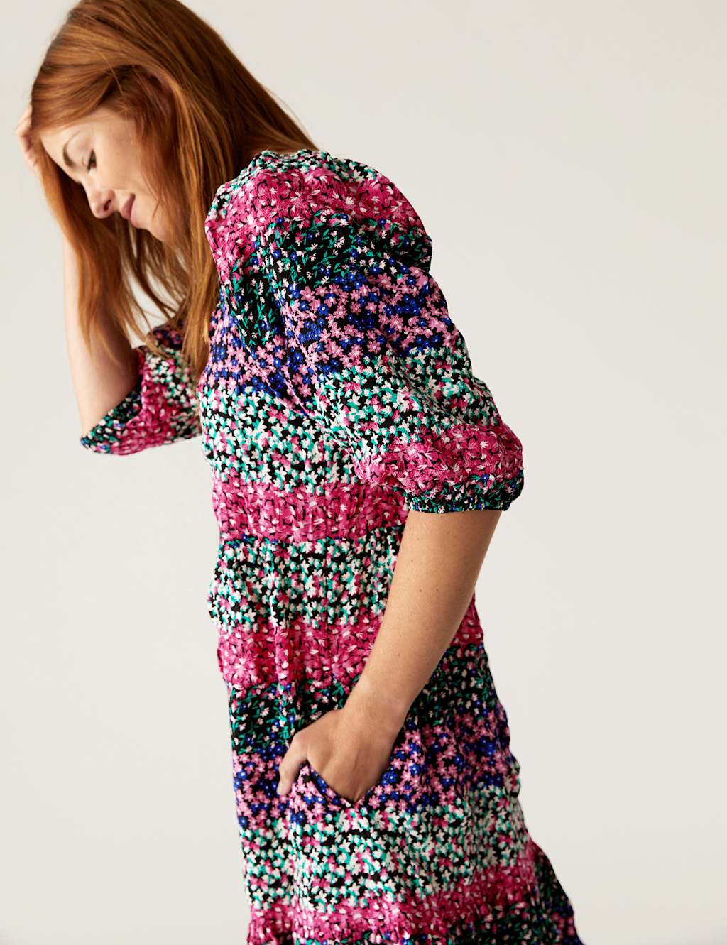 Printed Round Neck Midi Tiered Dress image 3