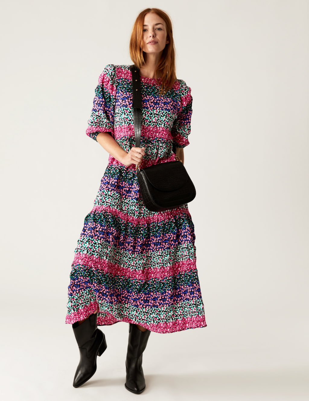 Printed Round Neck Midi Tiered Dress image 4