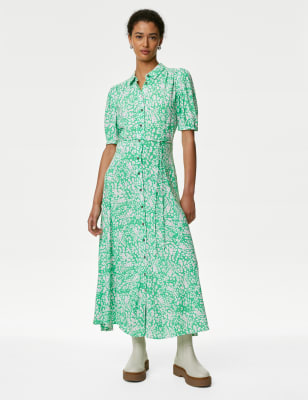 

Womens M&S Collection Gemustertes Midaxi-Shirtkleid mit Gürtel - Light Green Mix, Light Green Mix