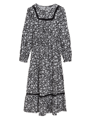 

Womens M&S Collection Floral Round Neck Midaxi Waisted Dress - Black Mix, Black Mix