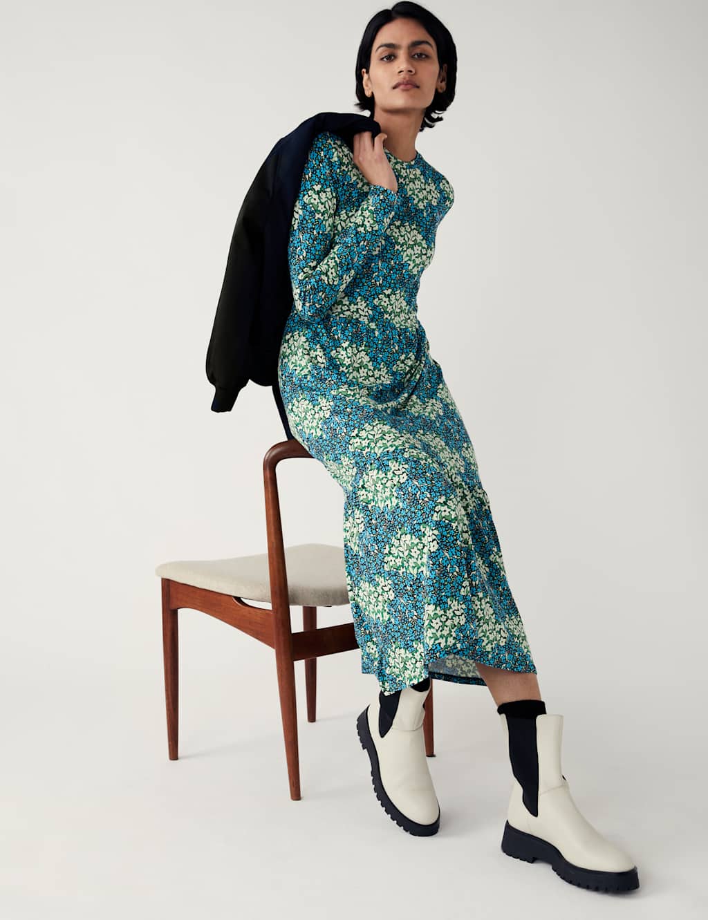 Jersey Printed Round Neck Midi Tiered Dress image 1