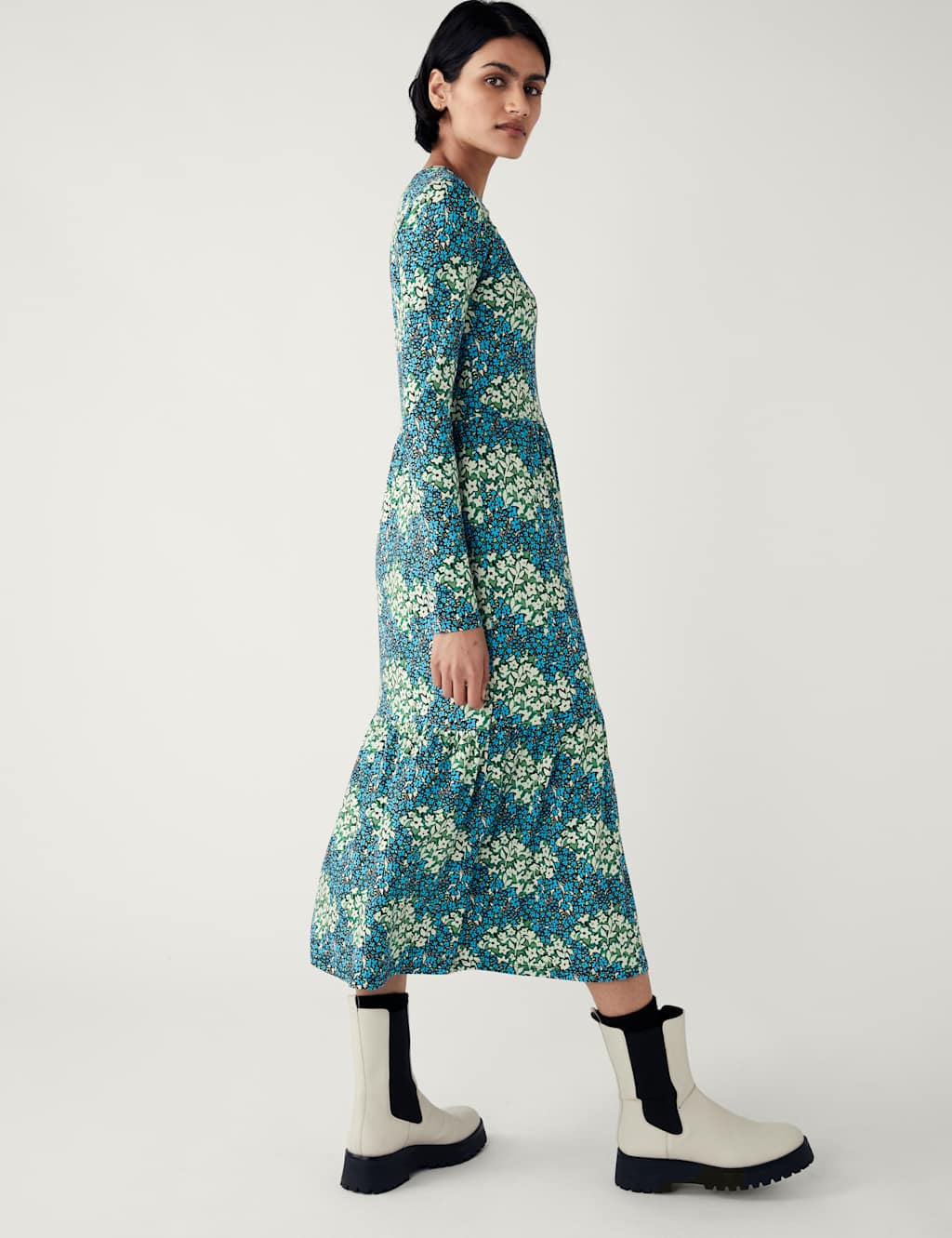 Jersey Printed Round Neck Midi Tiered Dress image 5