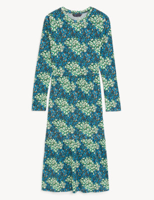 Jersey Printed Round Neck Midi Tiered Dress