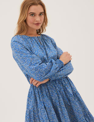 

Womens M&S Collection Pure Cotton Ditsy Floral Waisted Dress - Blue Mix, Blue Mix